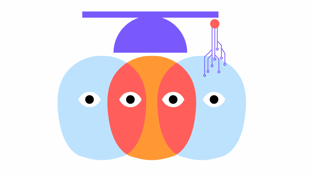 'What is a Datavyst?' — a graphic showing three abstract faces blending into one, wearing a cap and mortarboard that also signals a circuit-board or a kind of electronic network