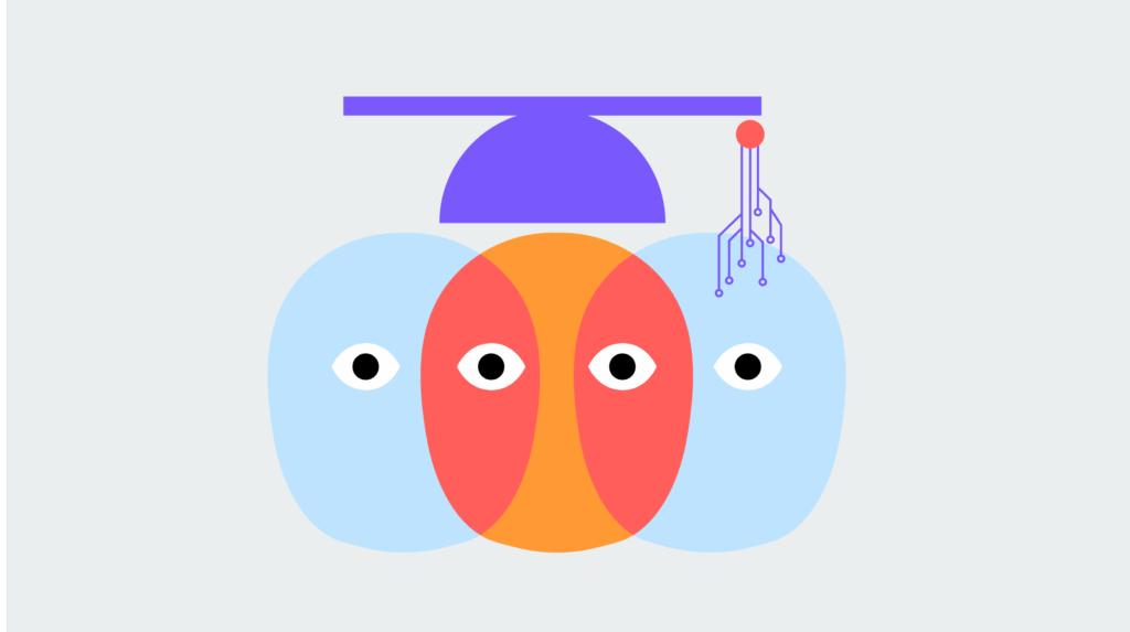 'What is a Datavyst?' — a graphic showing three abstract faces blending into one, wearing a cap and mortarboard that also signals a circuit-board or a kind of electronic network.