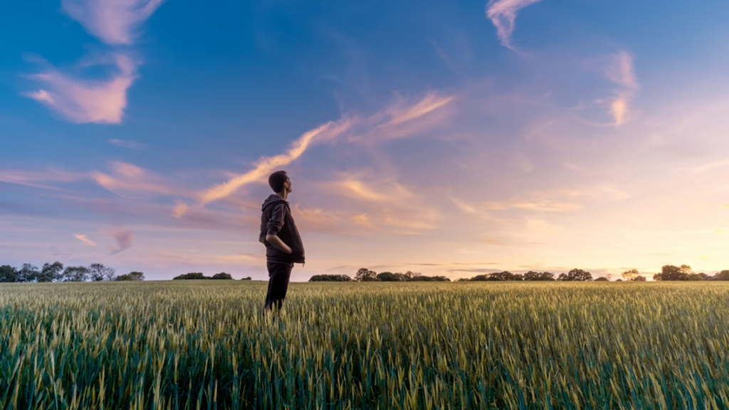 Young man standing in a field, looking reflectively up at the sky. An image conveying the human connection with our natural environment.